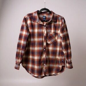 GAP Women XL Plaid Flannel Button Up Shirt Long Sleeve Orange Red Beige
